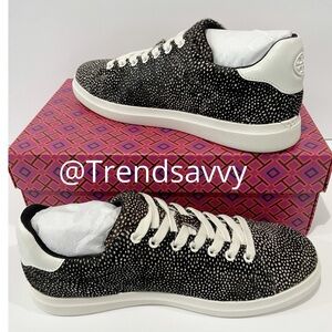 Tory Burch Howell Court Haircalf Sneakers Black White Size 7.5 Luxury Casual